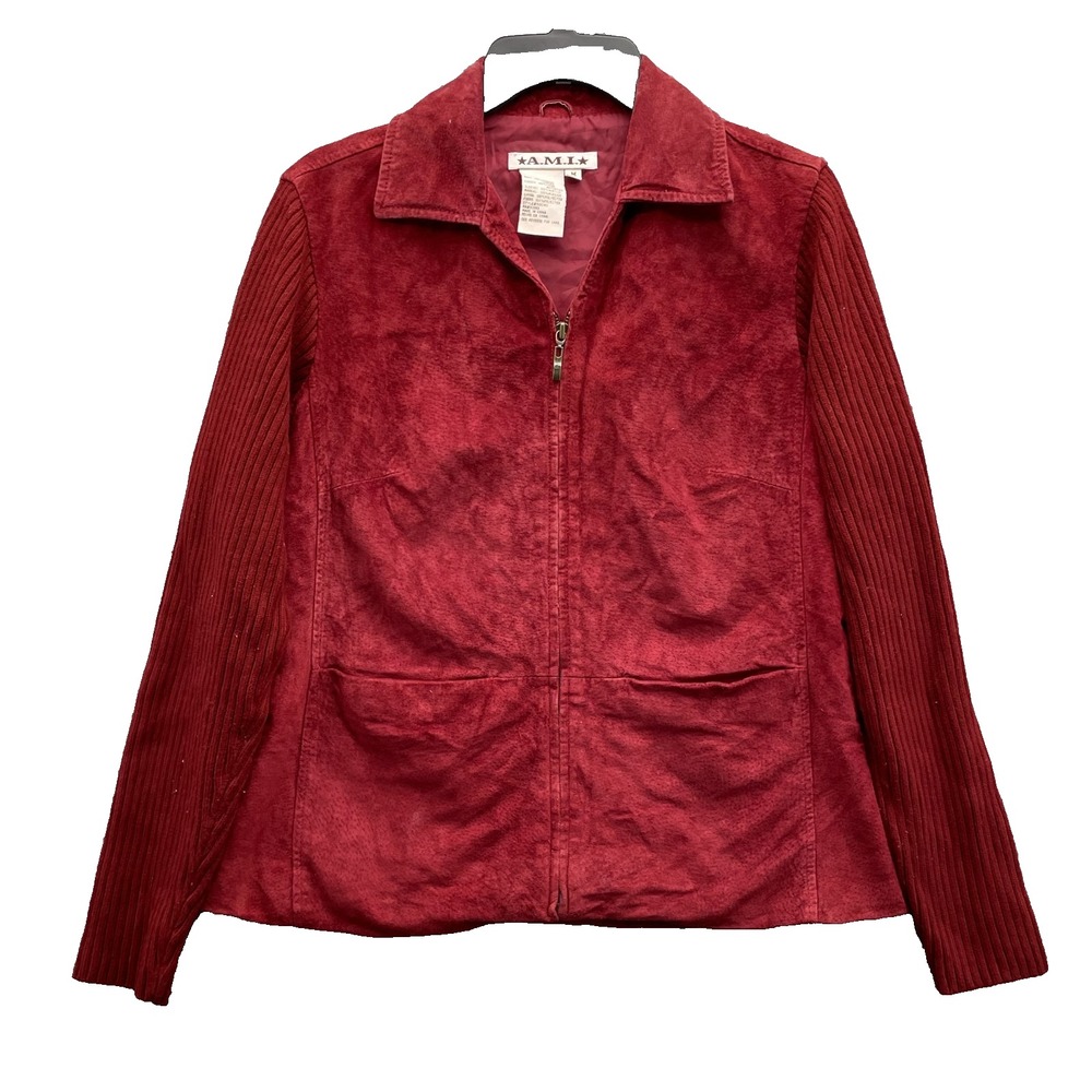 Vintage AMI Suede Leather Jacket Womens Medium Knit Sleeve Western Academia Fall